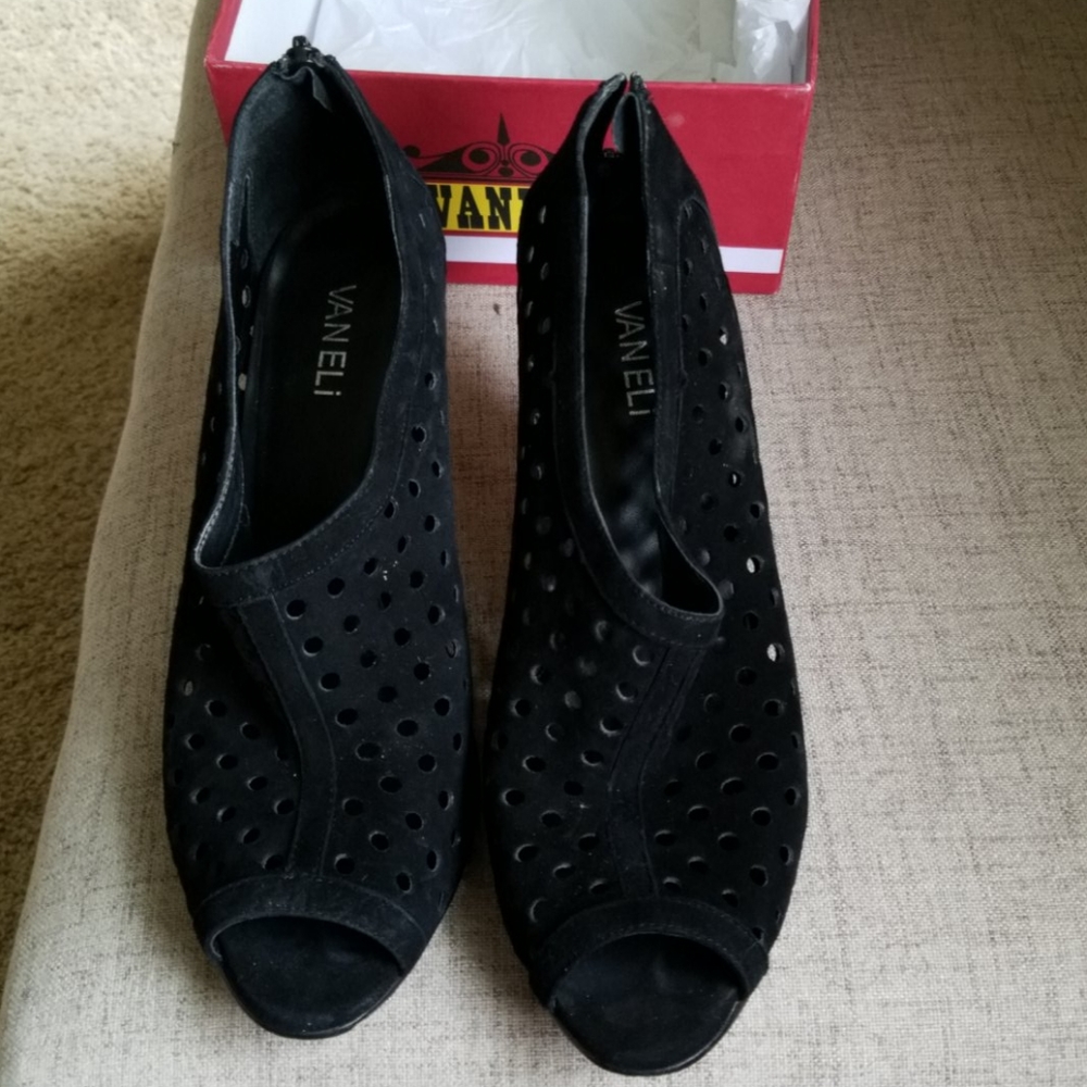 Black suede peep toe bootie